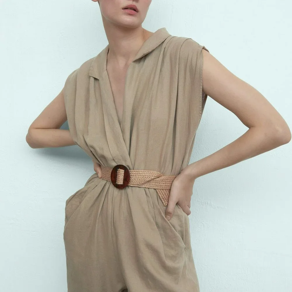 Zara Linen Blend Belted Jumpsuit Sand Sz XL, L